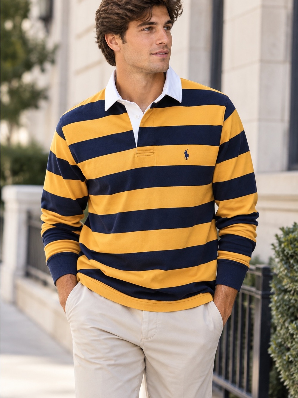 Polo Ralph Lauren Rugby Shirt Mens L Navy Gold Stripe Long Sleeve Preppy Cotton